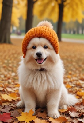 Happy dog in a cozy orange hat in autumn park