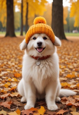 Happy dog wearing a cozy hat in autumn park scene