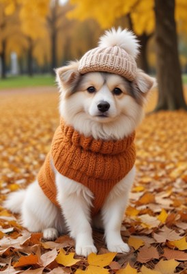 Cute dog in cozy sweater and hat on autumn leaves
