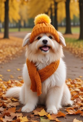 Cute dog wearing a hat and scarf in autumn park