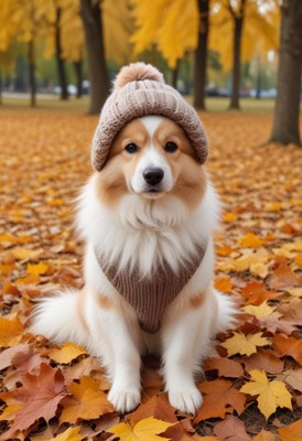 Cute dog wearing a knitted hat in autumn park