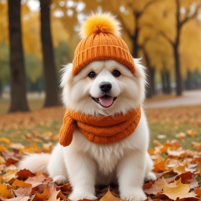Happy dog in cozy fall outfit in a park