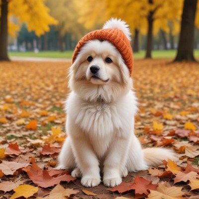 Cute dog wearing a knitted hat in colorful autumn leaves