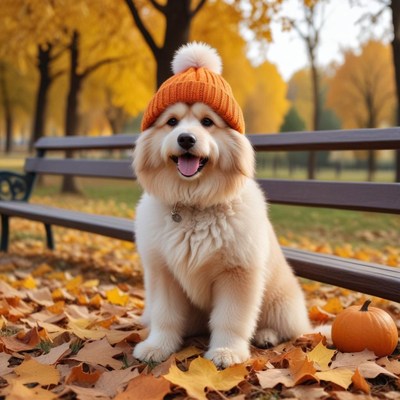 Fluffy dog wearing hat enjoying autumn afternoon in park