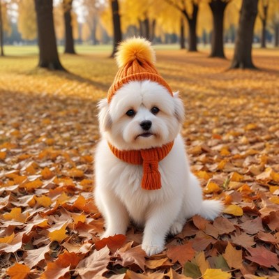 Fluffy dog enjoys autumn day in a park dressed warmly