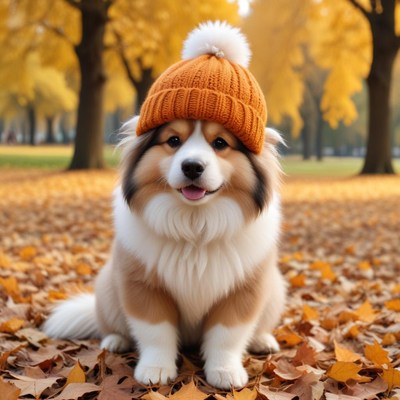 Cute dog wearing an orange hat in a park during autumn