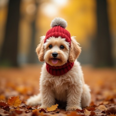 Cute dog in winter hat sits on fall leaves