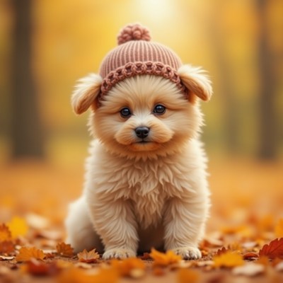 Cute puppy wears hat in autumn forest setting