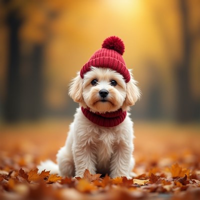 Cute dog in winter hat sits among autumn leaves