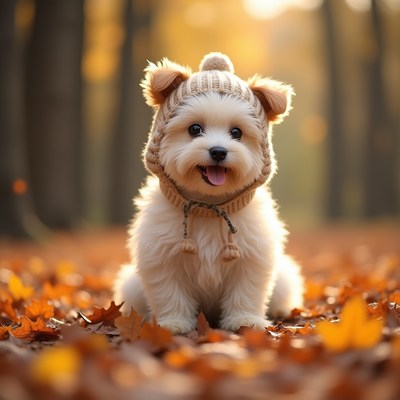 Happy dog in a cozy hat surrounded by autumn leaves