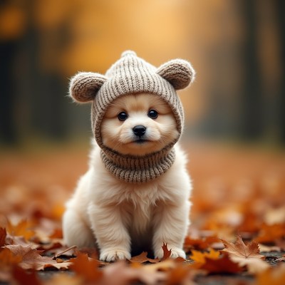 Playful puppy in a cozy knit hat on autumn leaves