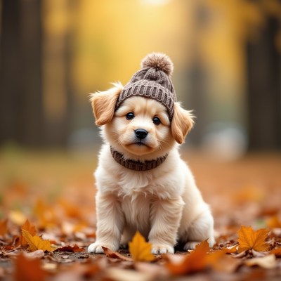 Cute puppy wearing hat in autumn park setting