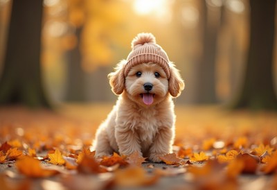 Cute puppy in knitted hat enjoying autumn leaves