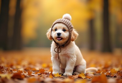 Cute puppy in a warm hat playing in autumn leaves