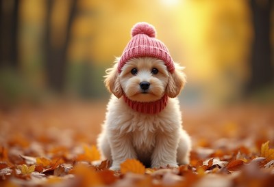 Cute puppy in a pink hat enjoying autumn leaves