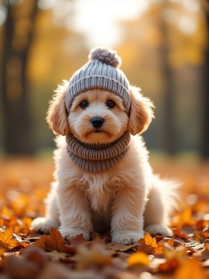 Cute puppy wearing a hat sits among autumn leaves