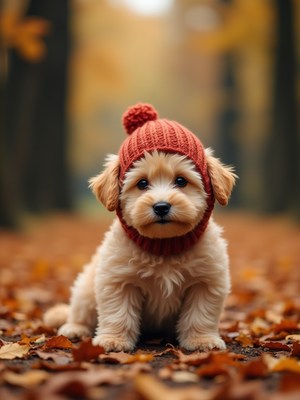 Cute puppy wearing a knitted hat in a fall forest