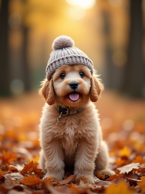 Happy puppy wearing a cozy hat in autumn forest