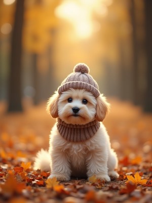 Cute puppy wearing knitted hat in autumn park