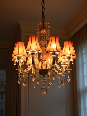 Elegant chandelier with orange shades and crystal accents