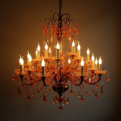 Elegant chandelier with warm lighting in a cozy room