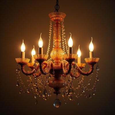 Elegant chandelier with warm lighting in a dim room