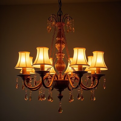 Elegant chandelier with warm glow in dim room setting