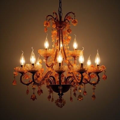 Ornate chandelier with warm light in a cozy space