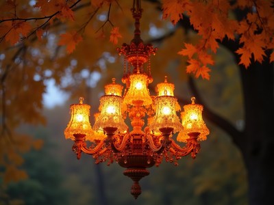 Chandelier glowing among autumn leaves in a park