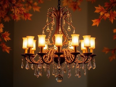 Elegant chandelier shines under autumn leaves