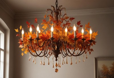 Beautiful chandelier decorated with autumn leaves and lights