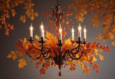 Chandelier decorated with autumn leaves and warm lights