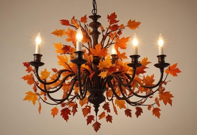 Beautiful chandelier adorned with autumn leaves display