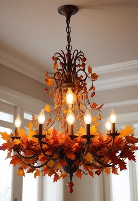 Elegant autumn chandelier with warm lighting and leaves