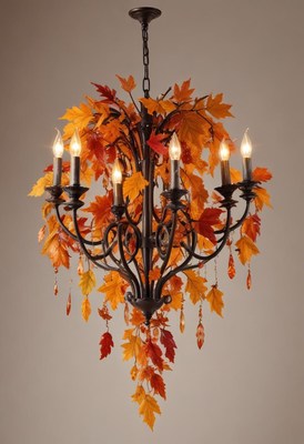 Chandelier adorned with autumn leaves and warm lights