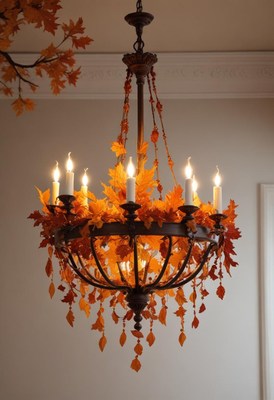 Elegant chandelier decorated with autumn leaves indoors