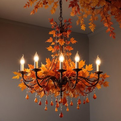 Charming autumn chandelier with orange leaves and lights