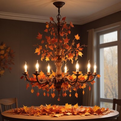 Elegant chandelier adorned with autumn leaves