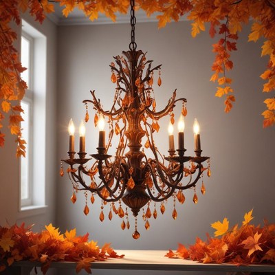 Elegant chandelier surrounded by autumn leaves