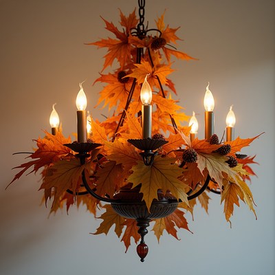 Unique chandelier decorated with autumn leaves and lights