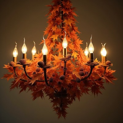 Chandelier adorned with autumn leaves and warm lights