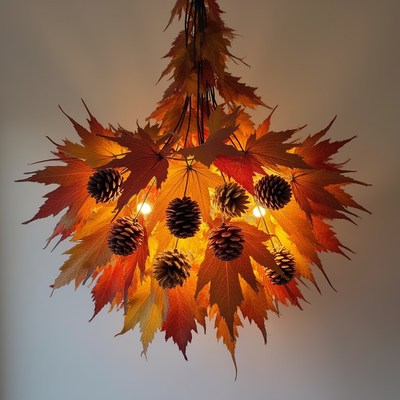 Creative chandelier made of autumn leaves and pinecones
