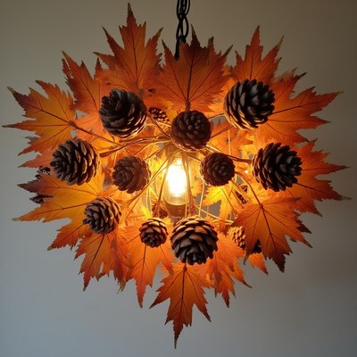 Unique light fixture made of leaves and pine cones