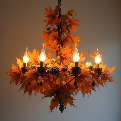 Beautiful autumn chandelier with warm lighting and leaves
