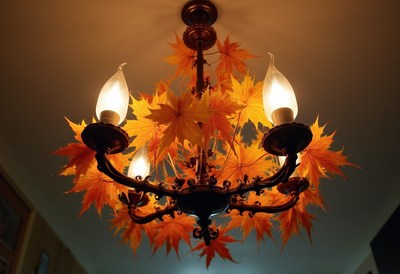 Chandelier decorated with autumn leaves in a cozy room