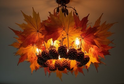 Creative autumn chandelier with leaves and pinecones