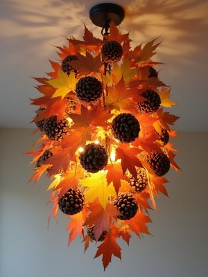 Autumn-themed light fixture with leaves and pine cones