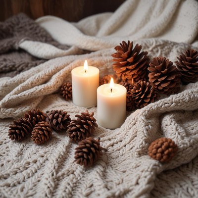 Calm scene with candles and pine cones on a cozy blanket