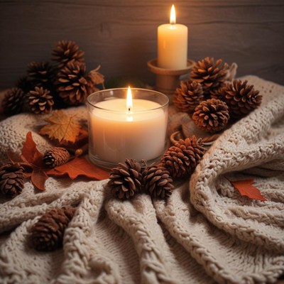 Cozy autumn scene with candles and pine cones