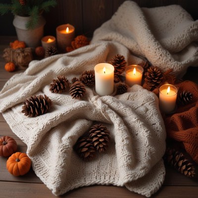 Cozy autumn scene with candles and natural decorations